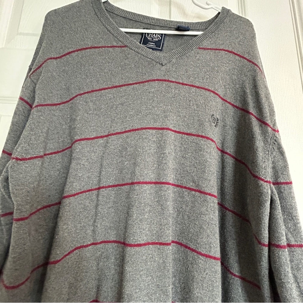 Chaps V-Neck Cashmere Blend Sweater, Size XL, Gray and Burgundy Striped - Picture 8 of 14